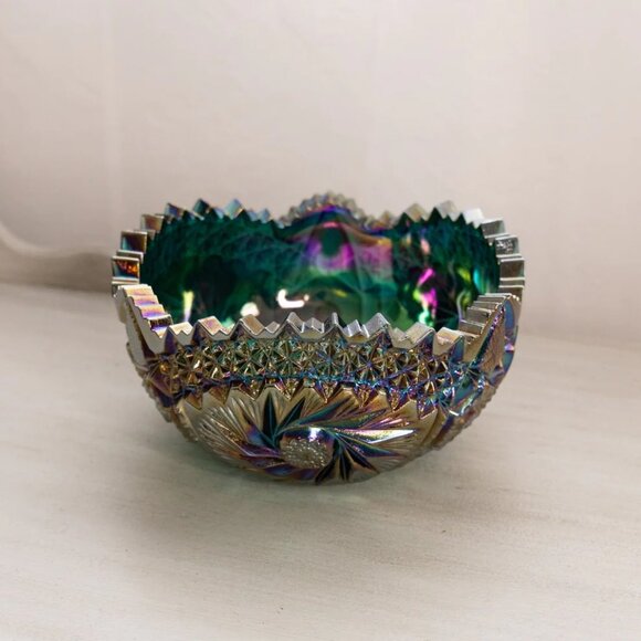Vintage LE Smith Teal Green Carnival Glass Comet in the Stars Bowl